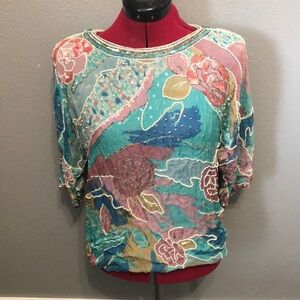 Vintage Evening top Women's S formal sequins cocktail 100% silk party sparkling